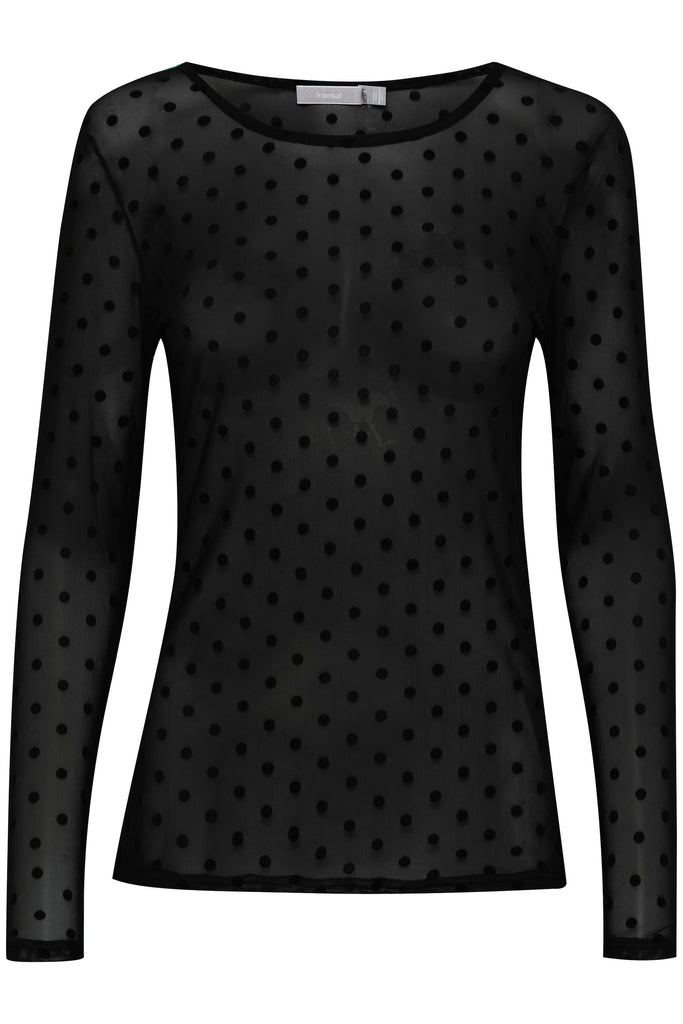 Black long-sleeve top with black polka dots, sheer fabric, by Fransa. Classic and stylish design.