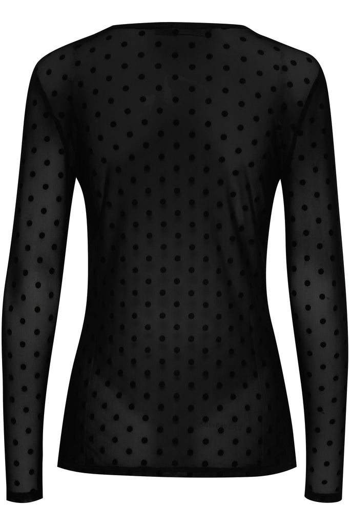 Black long-sleeve top with black polka dots, brand Fransa.