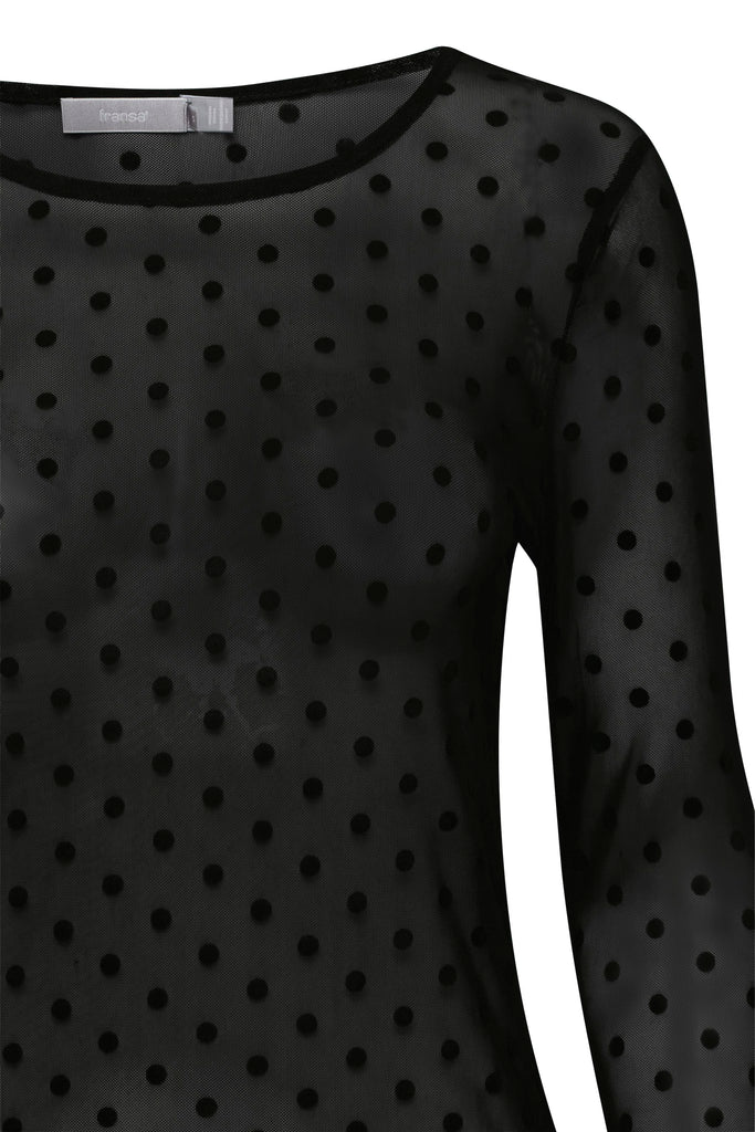 Black sheer top with black polka dots, long sleeves, by Fransa. Elegant and stylish design.
