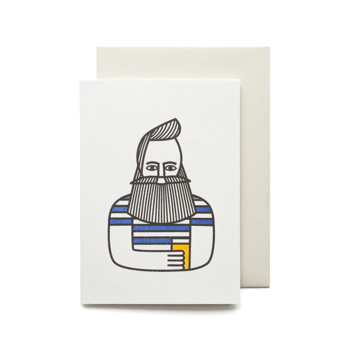 Greeting card featuring a stylized illustration of a bearded man in a striped shirt, holding a drink.