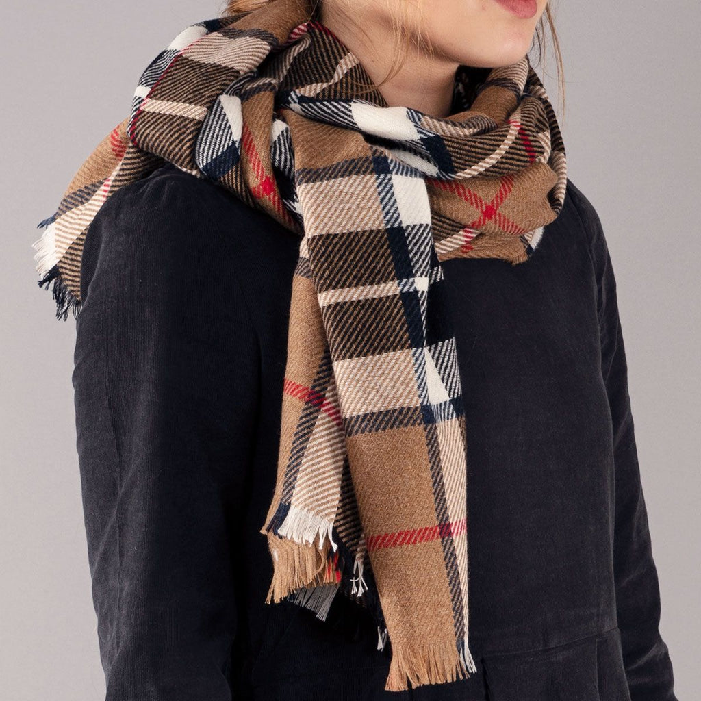 Brown, black, and white plaid scarf with frayed edges.