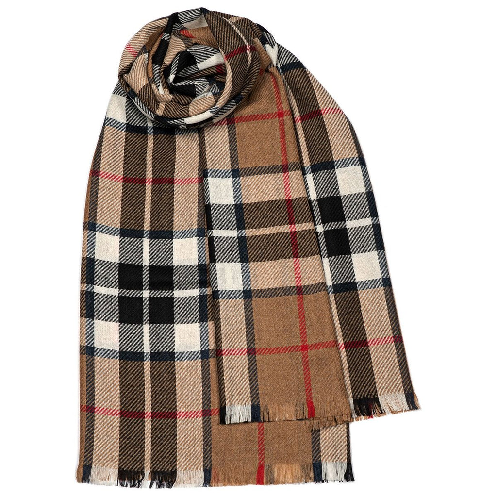 Brown, black, and white plaid scarf with frayed edges. The scarf is folded and partially rolled.