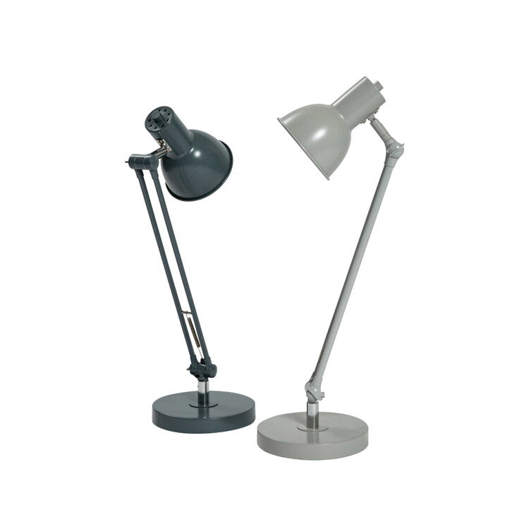Two adjustable desk lamps, one dark gray and one light gray, with round bases and adjustable arms.