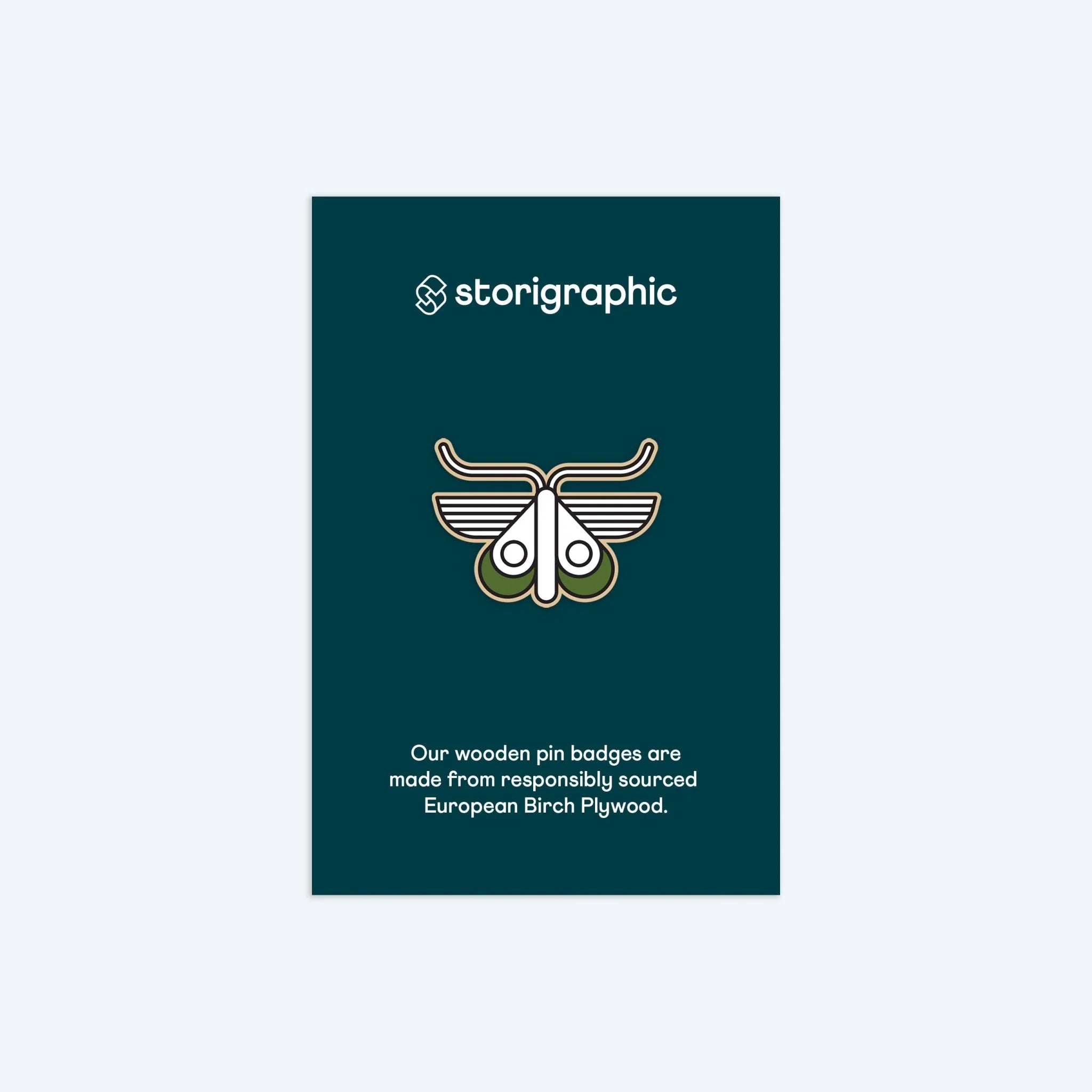Storigraphic branding with a wooden pin badge design on a teal background