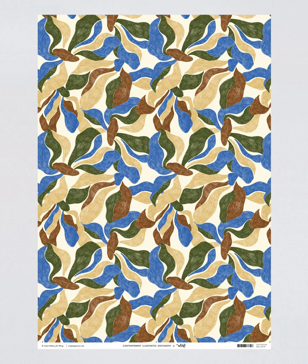 Patterned paper with abstract design in blue, green, and brown on a white background