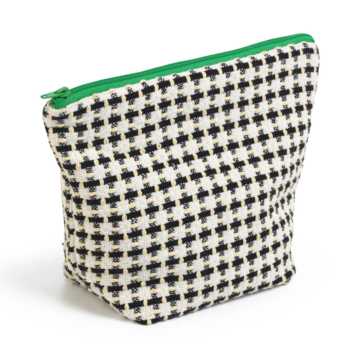 A small zippered pouch with a black and off-white houndstooth pattern and a bright green zipper, shown on a plain white background.