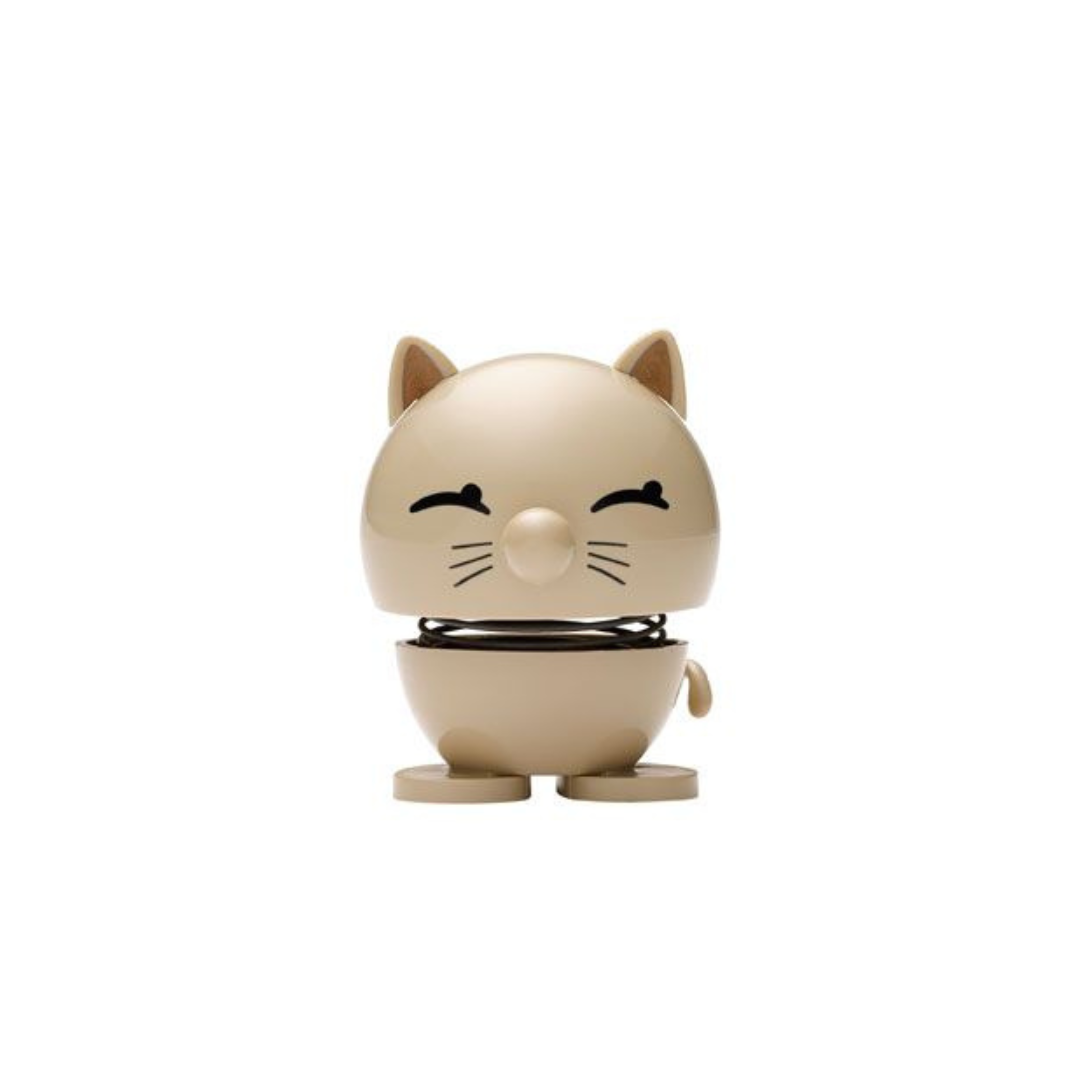 Beige bobblehead cat toy with a spring.  The cat has a smiling face and small ears.