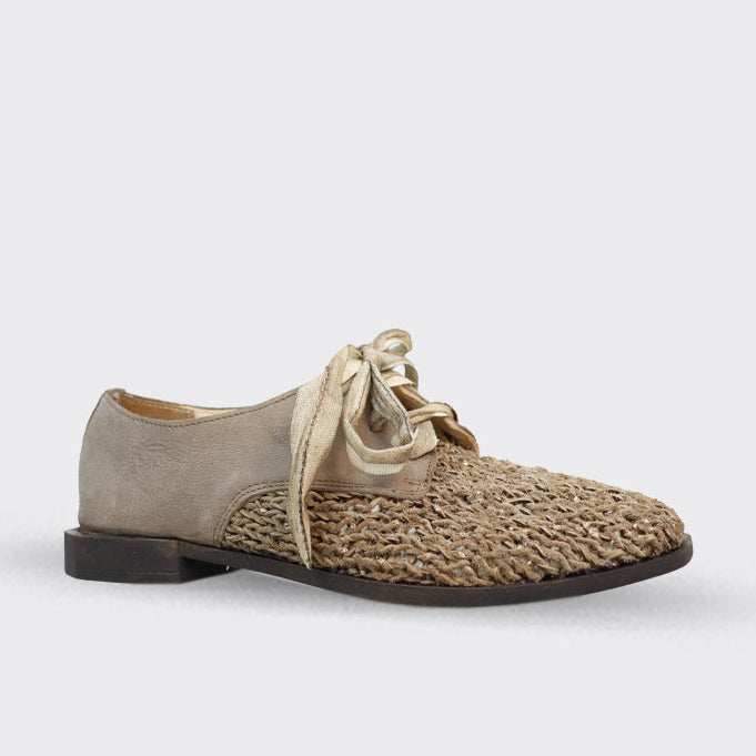 Beige leather and woven textile oxford shoe with light beige laces.