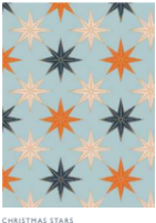 Repetitive pattern of orange, dark gray, and light beige eight-pointed stars on a light blue background.