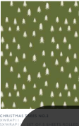 Olive green Christmas wrapping paper with a repeating pattern of small, off-white Christmas trees.