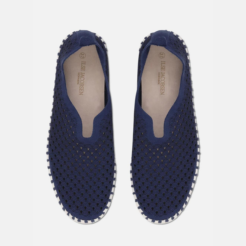 Ilse Jacobsen Hornbæk navy blue slip-on shoes; size 37; textured fabric with cut-out wave pattern; white trim.