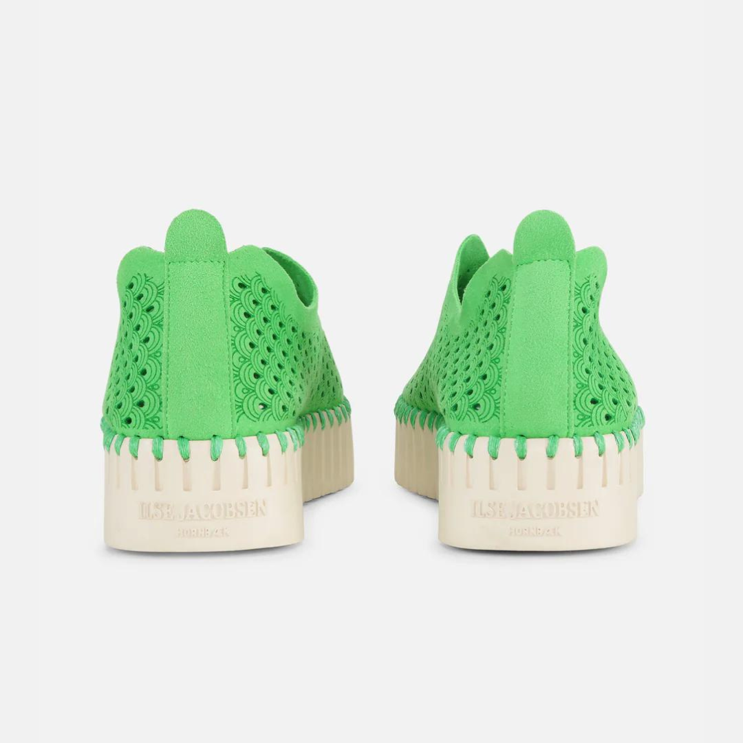 Pair of Ilse Jacobsen Hornbæk lime green suede slip-on shoes with perforated detailing and cream platform sole.