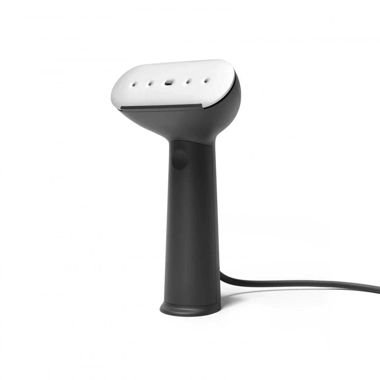 Black handheld garment steamer with a white top featuring multiple steam vents.