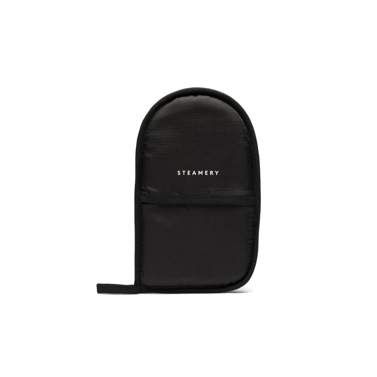 Black Steamery travel steamer case with a padded design and small hanging loop.