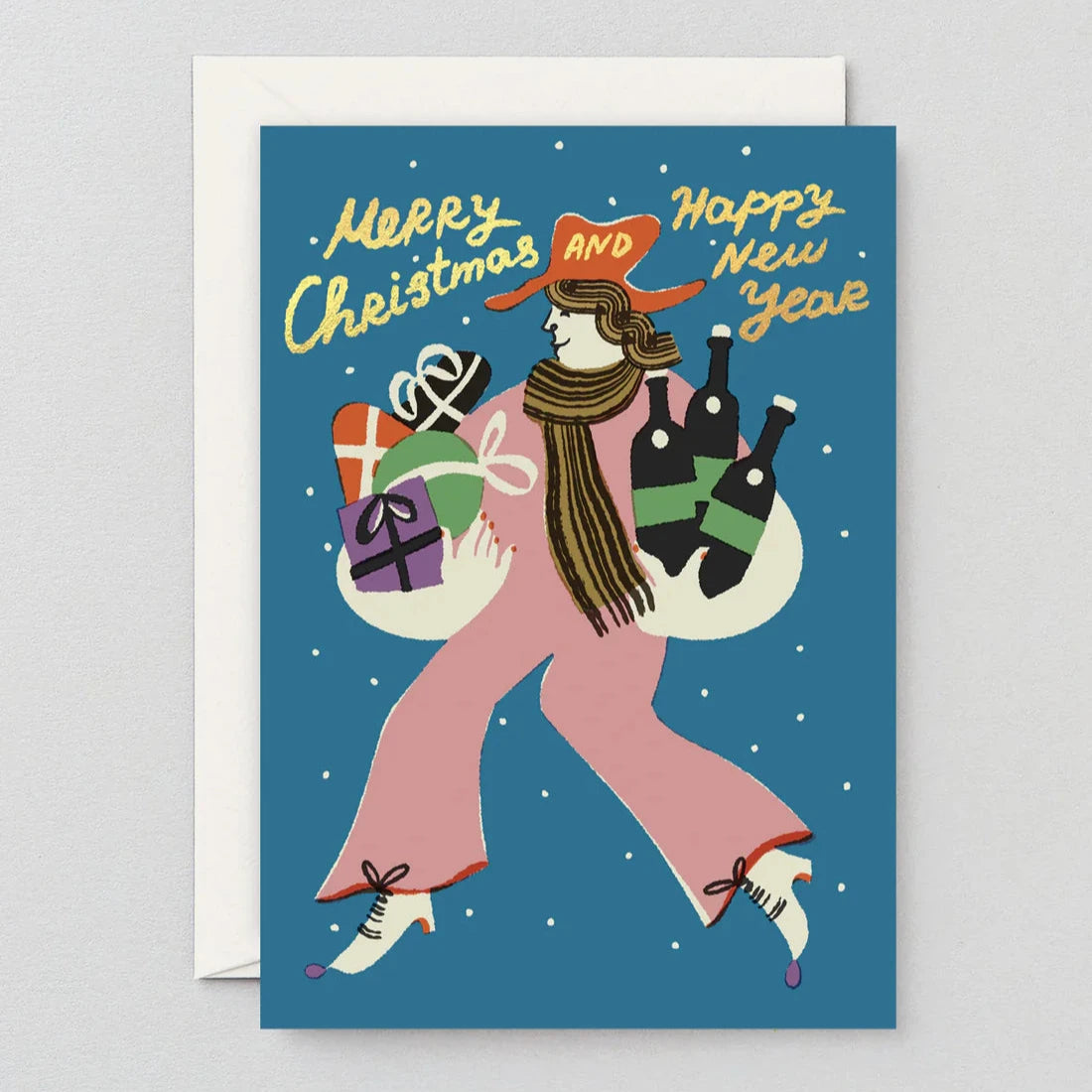 Christmas card illustration: A stylized person in pink pants and a hat carries gifts and wine bottles against a blue