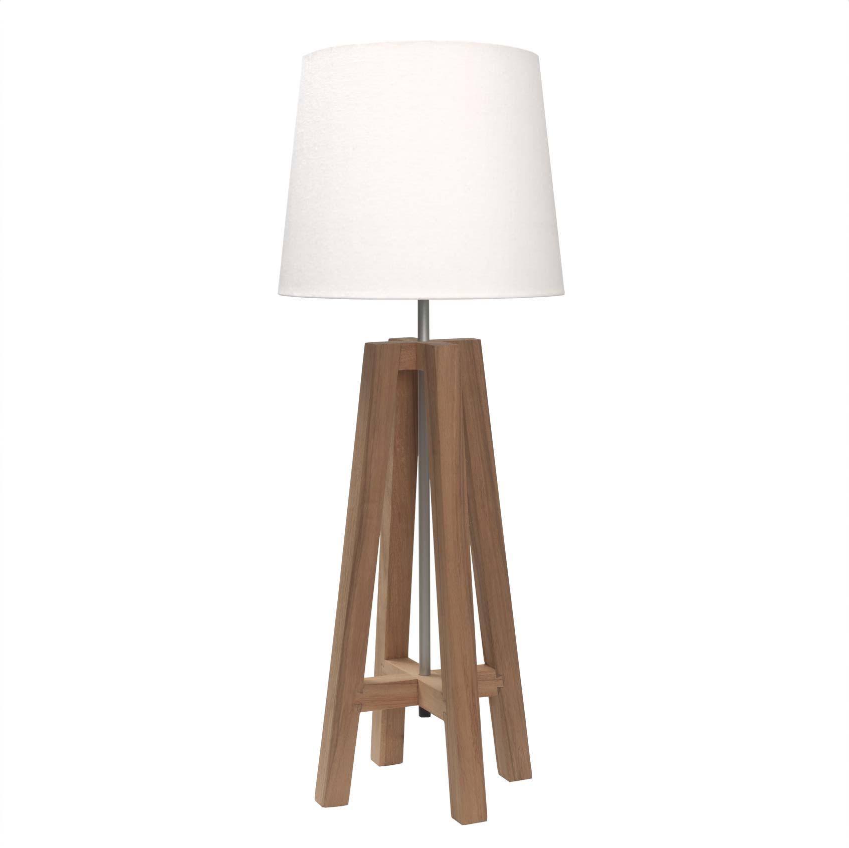 Table lamp with a tripod-style wooden base and a white fabric shade.
