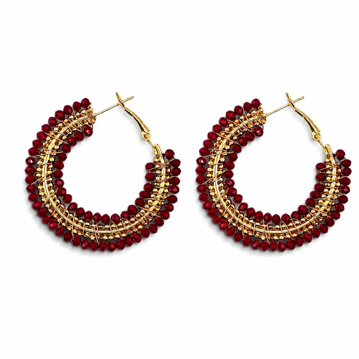 Mini Beaded Ombre Crystal Hoop Earrings - Burgandy