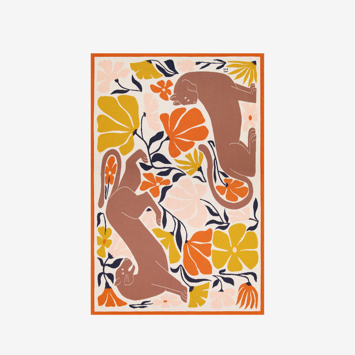 A rectangular art print featuring a retro-style illustration of two brown monkeys among large yellow, orange, and navy floral motifs on a pale pink background, framed by a thin orange border.
