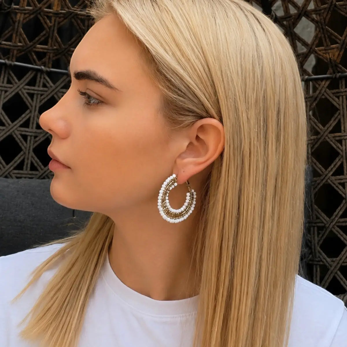 Mini Beaded Ombre Crystal Hoop Earrings - White