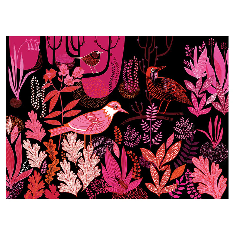 Colorful pattern of birds and flowers on a black background