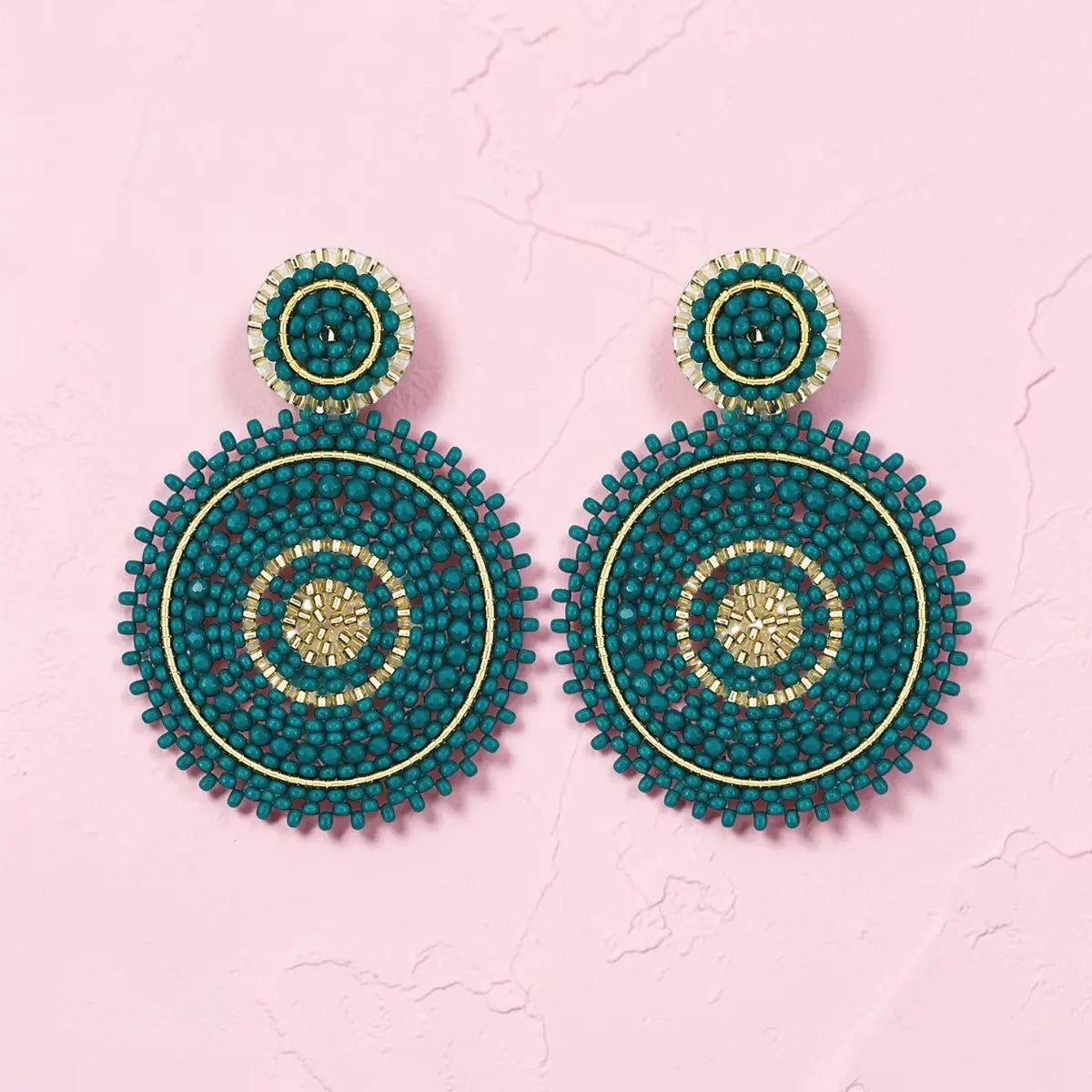Beaded Circle Drop Earrings - Teal & Gold