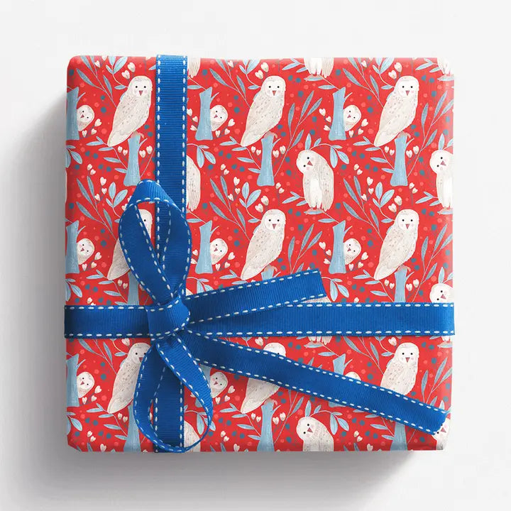 Red gift wrap featuring a repeating pattern of owls, leaves, and hearts.  A blue ribbon is tied in a bow on top.