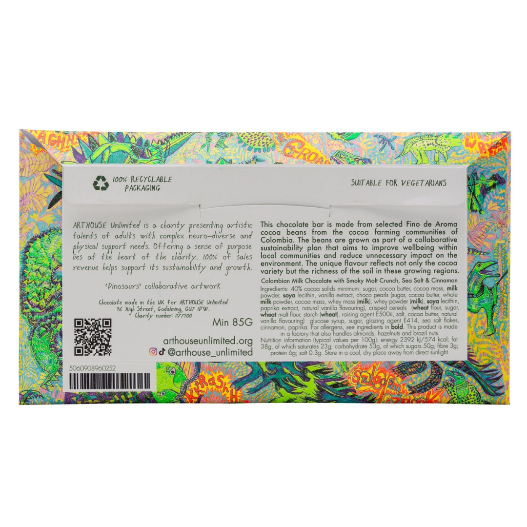 85g Colombian milk chocolate bar with smoky malt crunch, sea salt, and cinnamon. Features colorful, illustrated packaging.