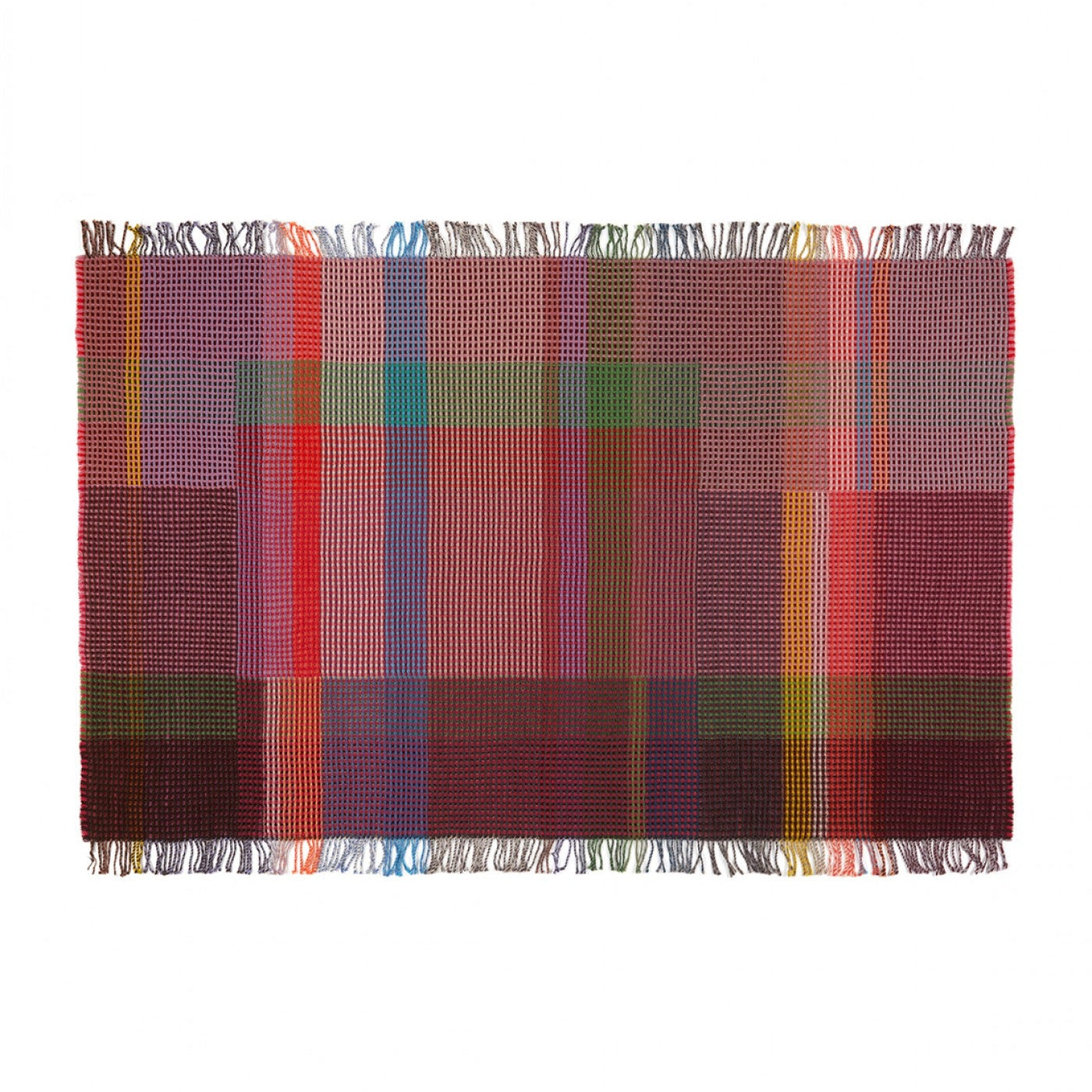 A rectangular woven scarf with a multicolor plaid pattern and fringed edges, displayed flat against a solid white background.