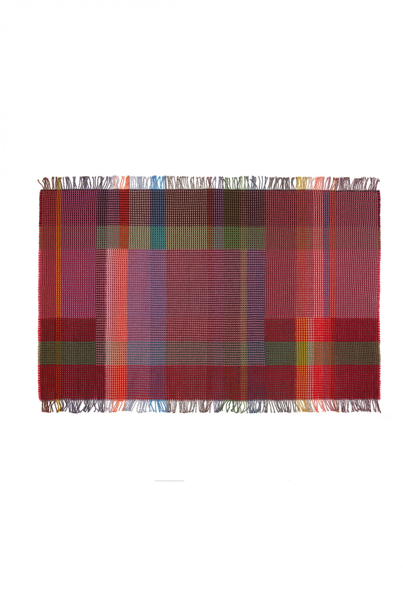A rectangular woven scarf with a multicolor plaid pattern and fringed edges, displayed flat against a solid white background.