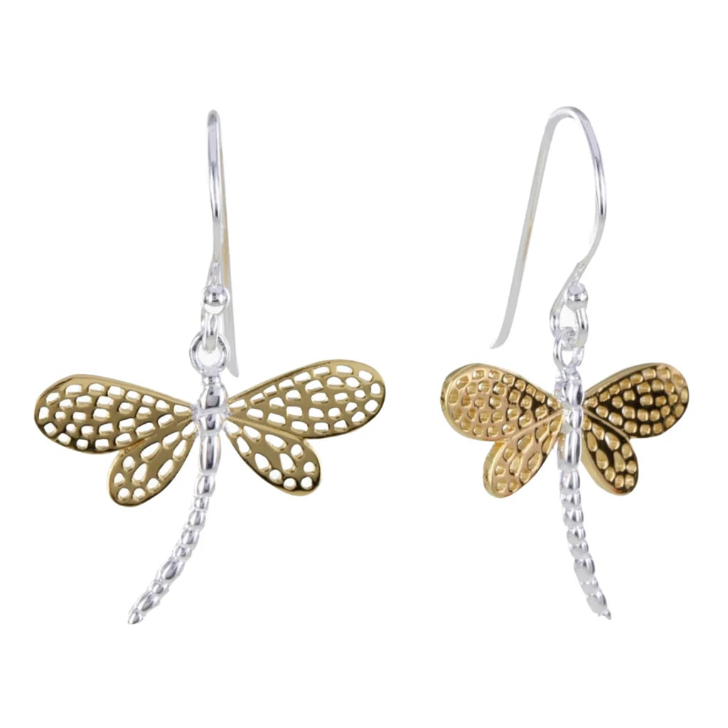 Pair of gold and silver dragonfly earrings.  The dragonflies have detailed, patterned wings and a beaded body.