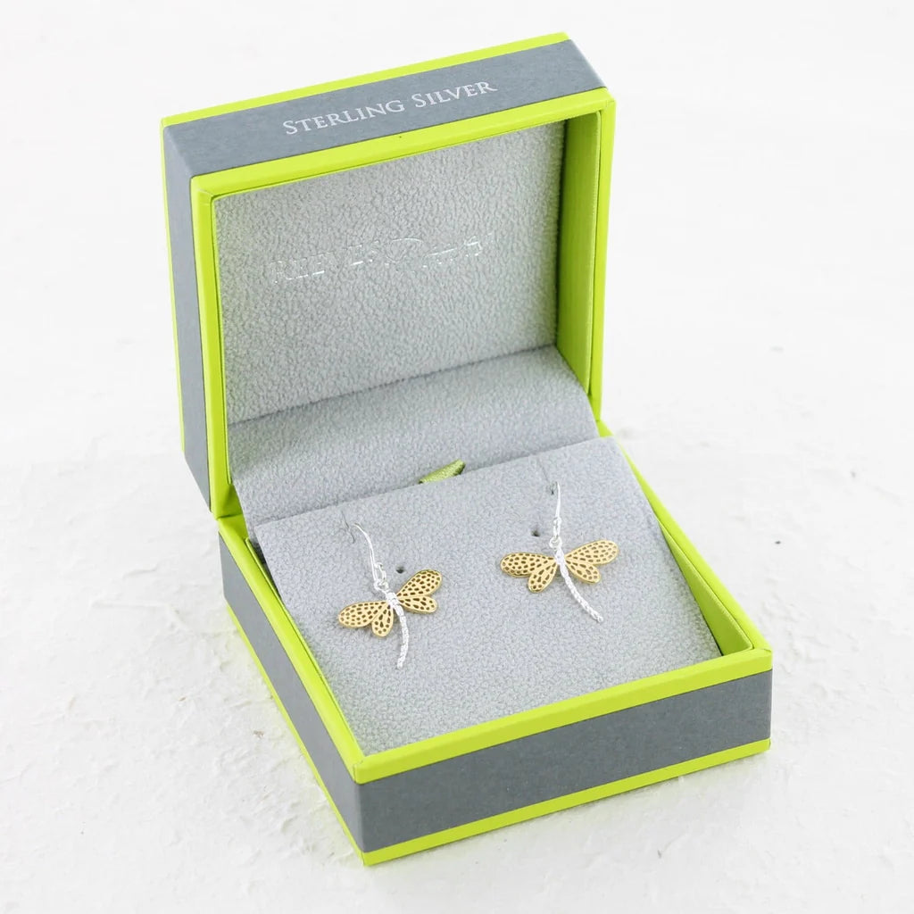 Sterling silver dragonfly earrings with gold detailing, displayed in a grey and green gift box.