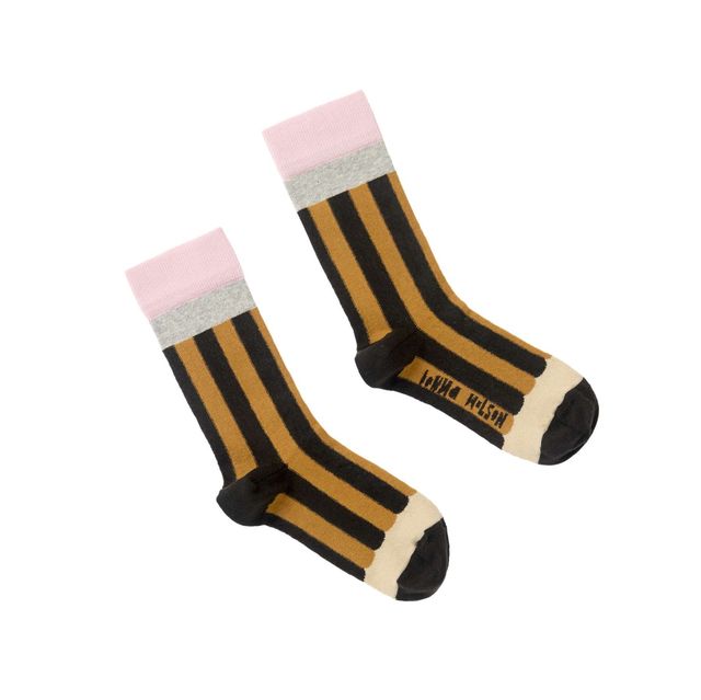 A pair of striped crew socks with black and mustard yellow vertical stripes, a light pink cuff, a textured light gray band, and a cream toe cap. The brand name 'MOSH' is printed in black on the side of one sock.