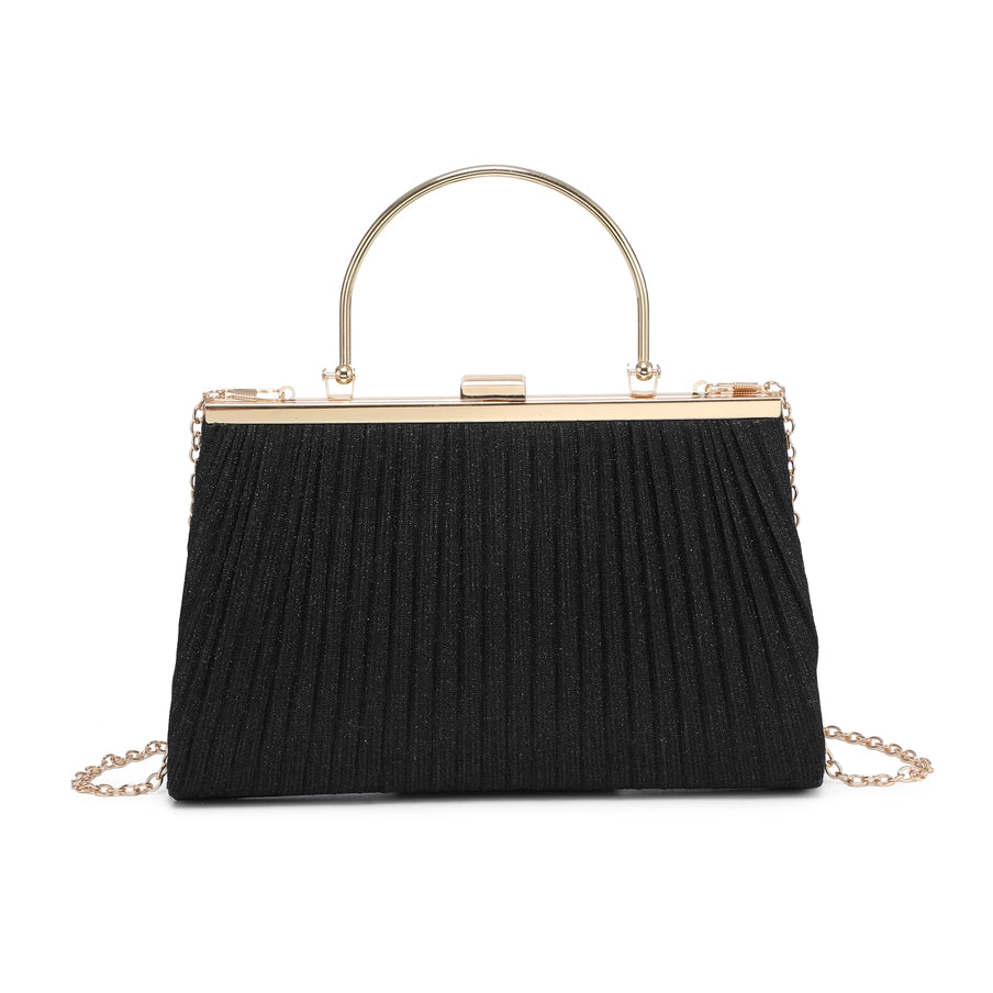 Black pleated handbag with gold frame and handle on a white background