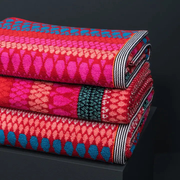 Cotton Bath Towel - Faversham - Red, Pink and Turquoise
