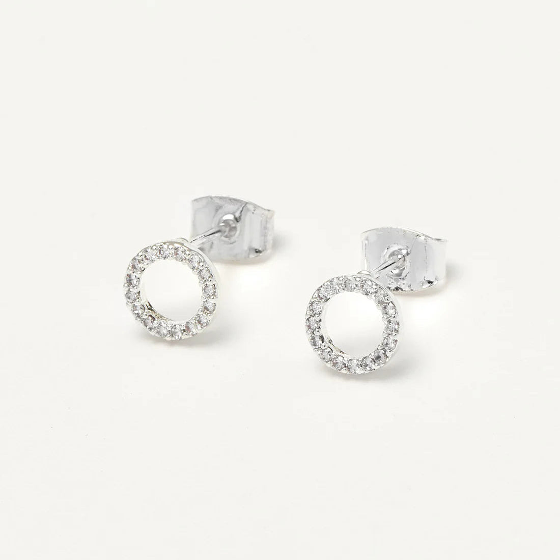 Pair of silver hoop earrings on a white background
