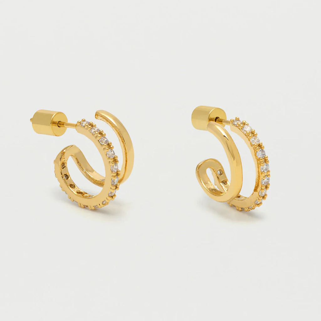 Gold double hoop earrings with clear cubic zirconia accents.