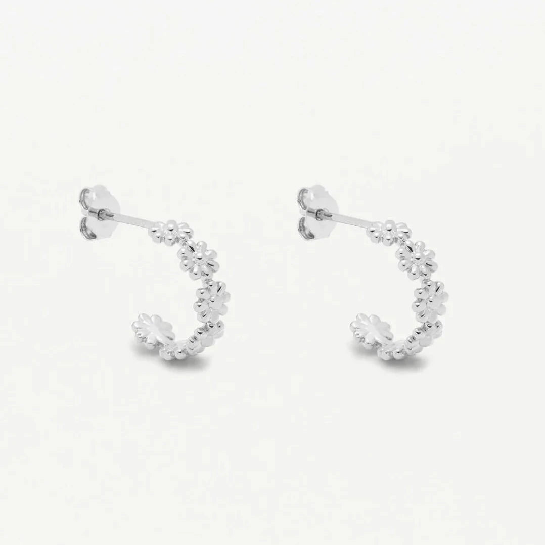 Pair of silver hoop earrings; each hoop adorned with small, raised daisy-shaped details.