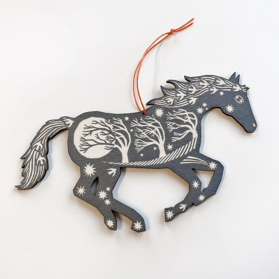 Screenprinted Wooden Decoration - Silver Horse