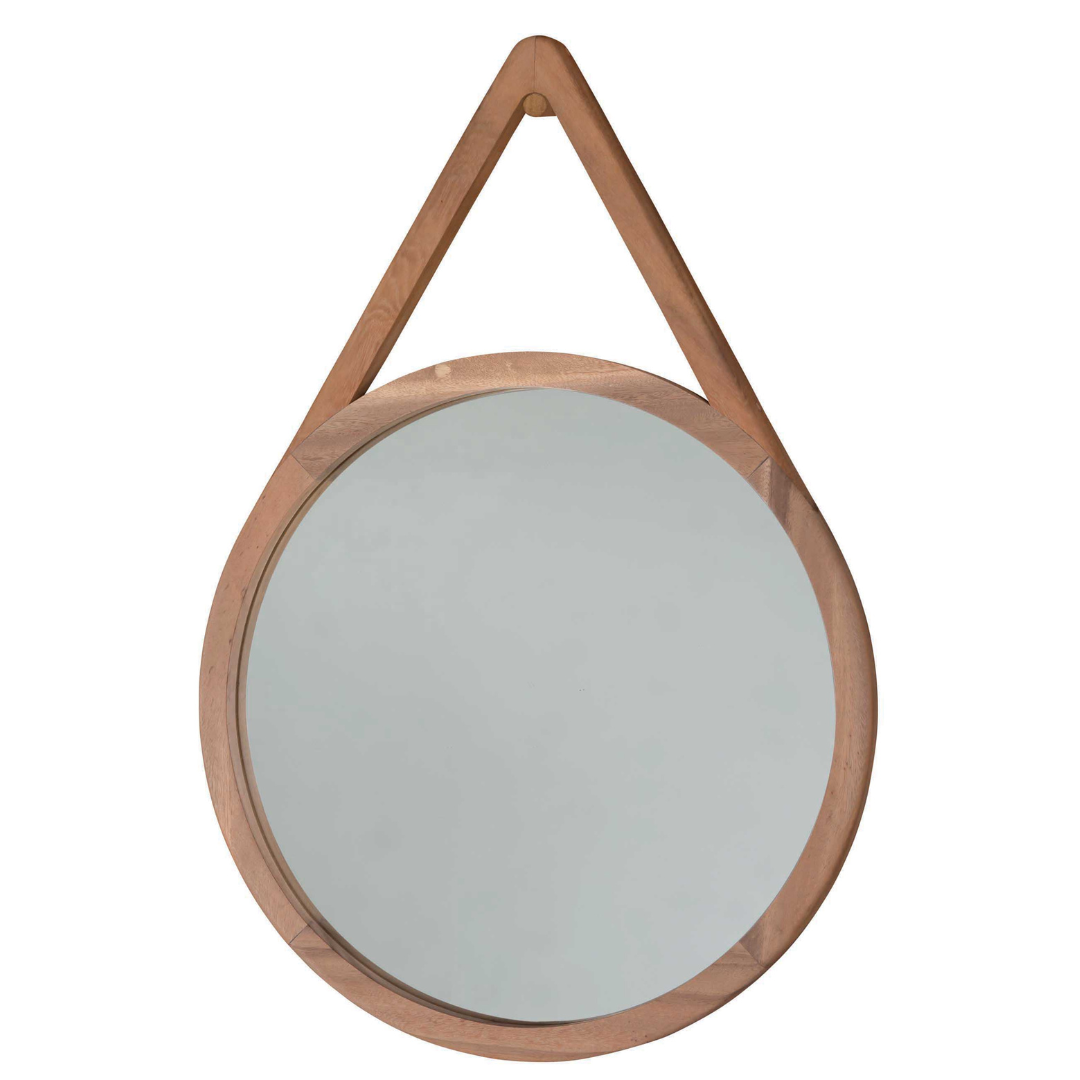 Round mirror with light brown wooden frame and triangular hanger.