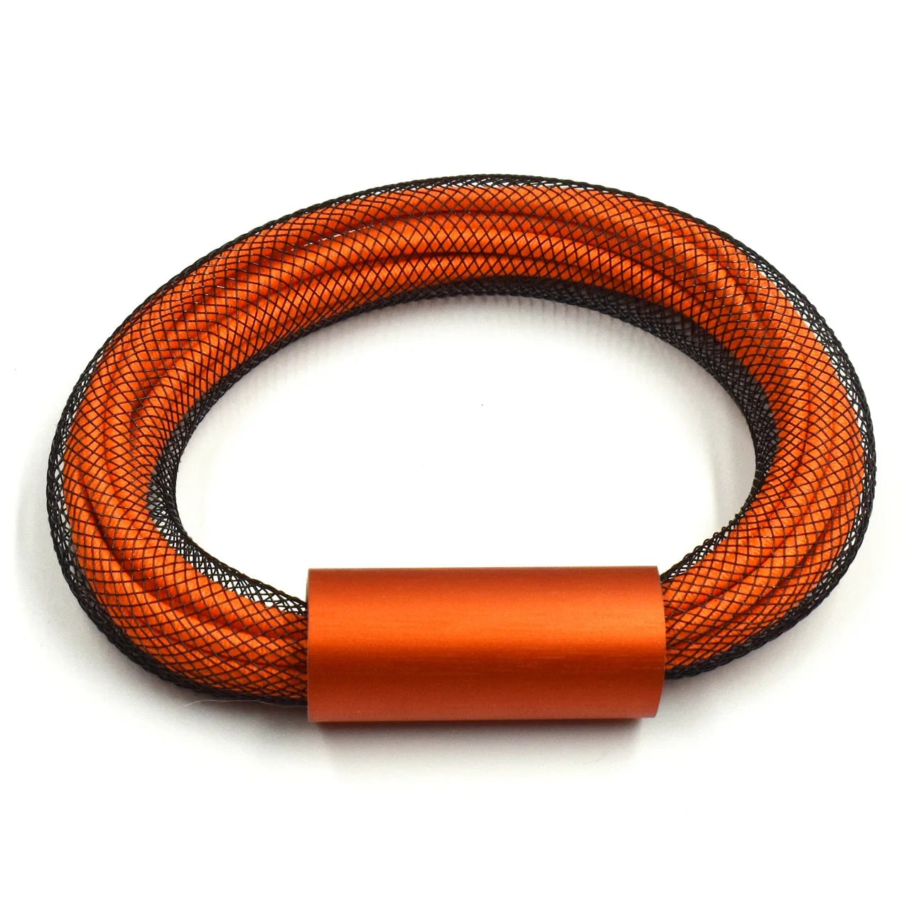 An orange braided cable loop with a matching orange cylindrical metal connector, shown on a plain white background.