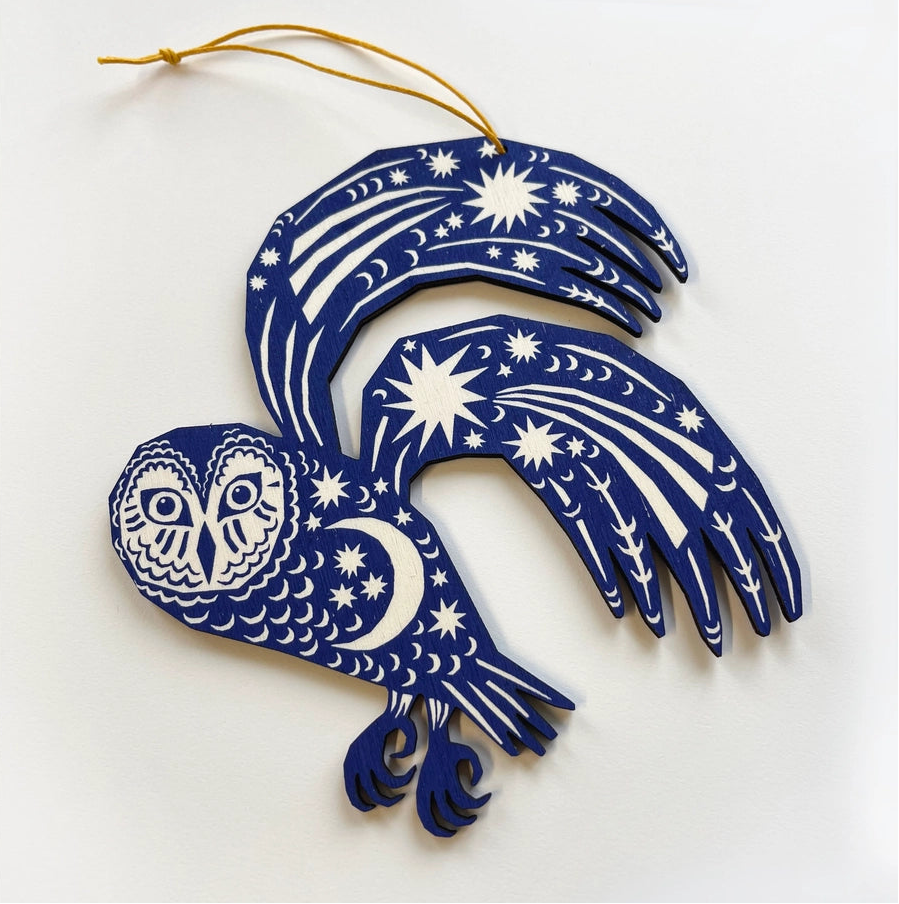 Screenprinted Wooden Decoration - Midnight Blue Owl