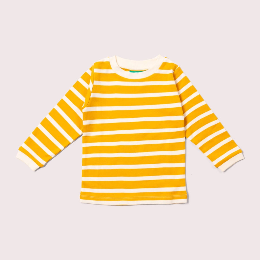 Yellow and white striped long-sleeve shirt on a light gray background
