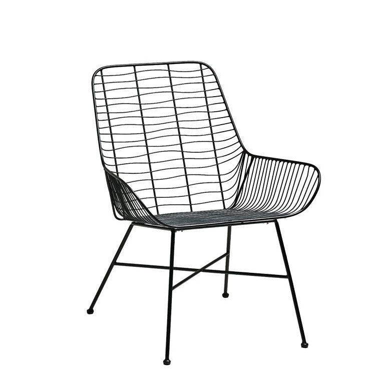 Black metal wire chair with a curved backrest and armrests.  The seat is a solid black surface.