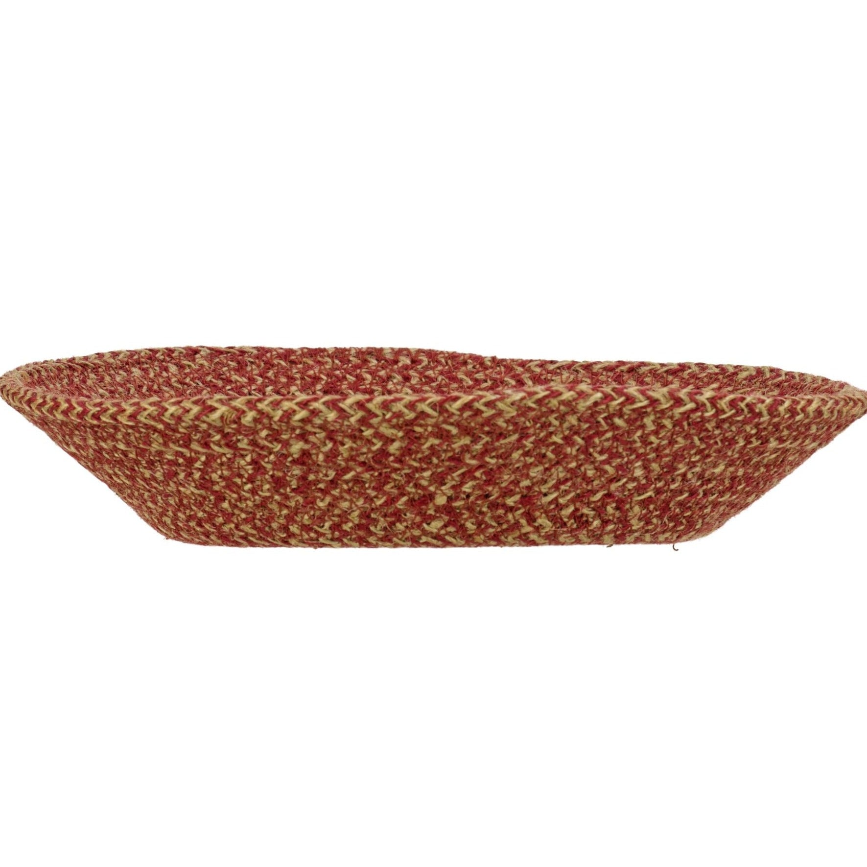 Red and beige woven jute oval basket.