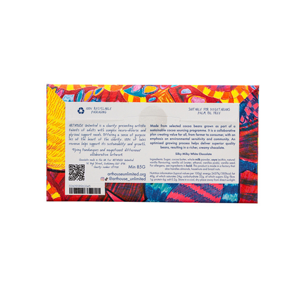 Silky Milky White Chocolate bar from ARTHOUSE Unlimited, a charity supporting neuro-diverse artists.