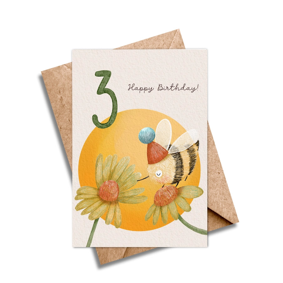 Third birthday card featuring a cute bee in a party hat near flowers, with the number 3 prominently displayed.