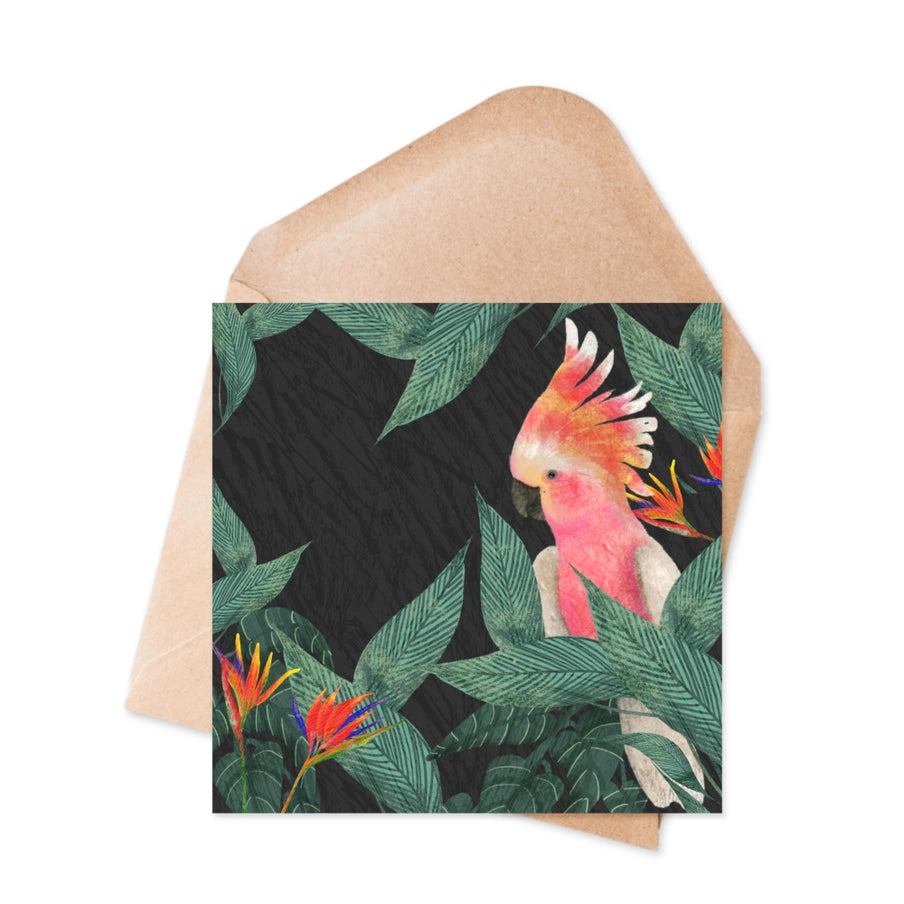 Greeting card featuring a pink and orange Galah cockatoo amidst dark green tropical leaves on a black background.