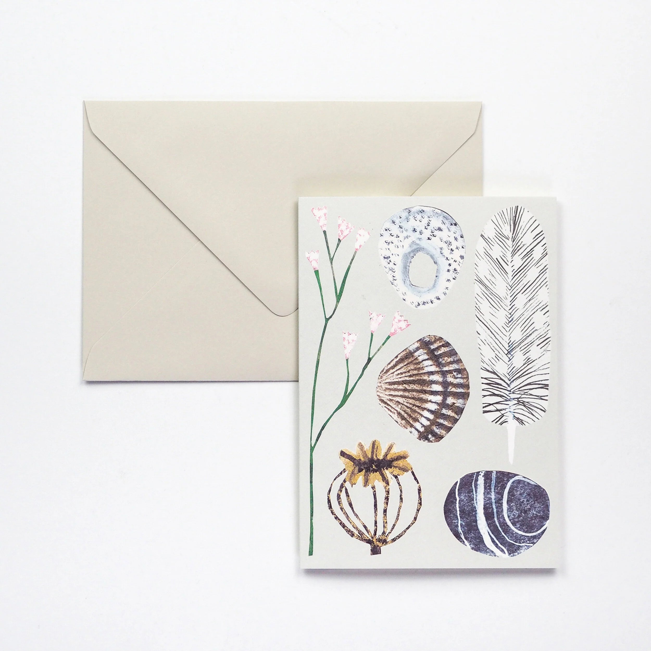 Greeting card featuring a botanical and seashell design.