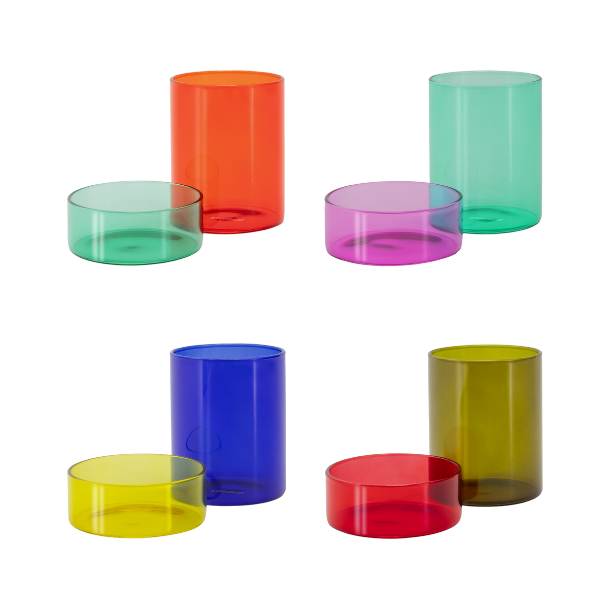 Set of colorful transparent cylindrical glasses on a white background