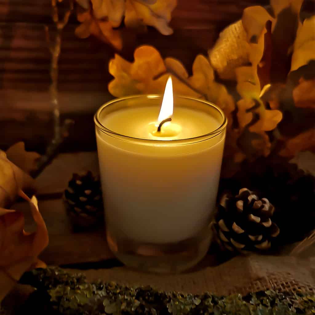 A lit candle in a clear glass jar, surrounded by autumn leaves and pine cones.